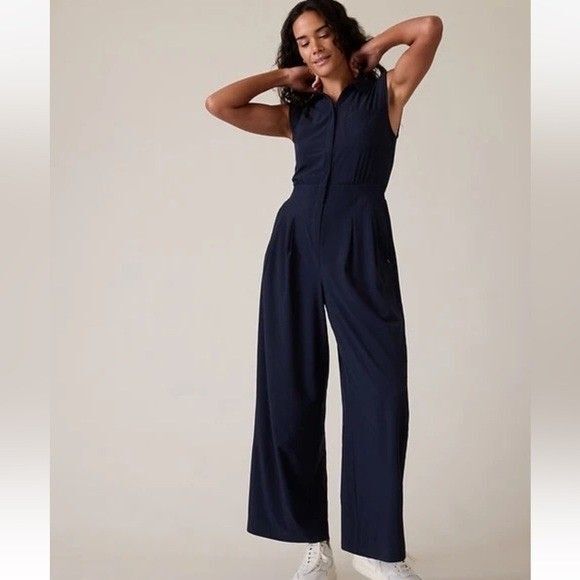 Athleta Pants - Athleta Brooklyn Heights Wide Leg Jumpsuit Navy Blue Size 10 Romper Sleeveless